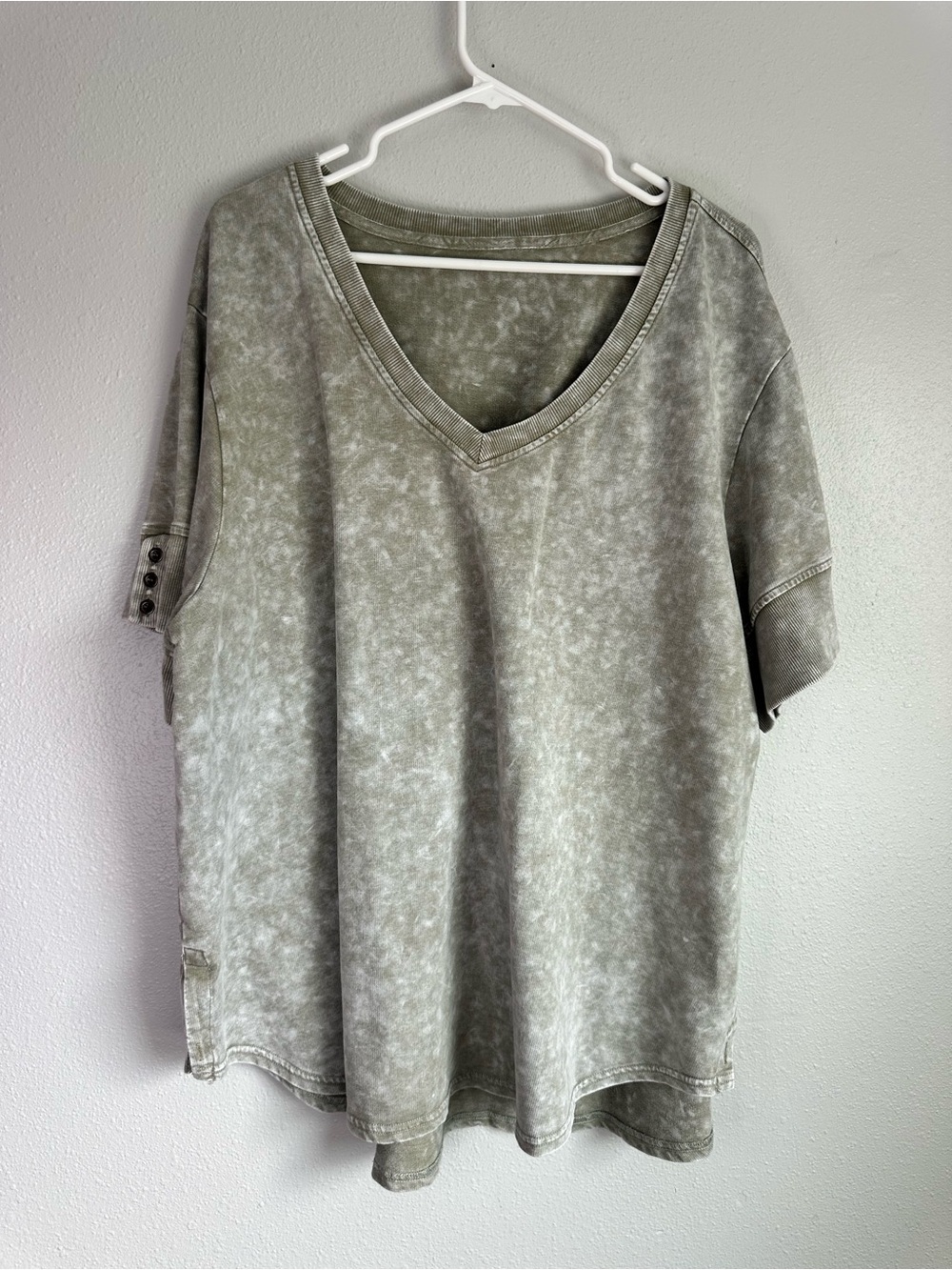 Acid Mineral Wash Olive Green V-Neck Top Button Cuffs Side Slit Button Hem